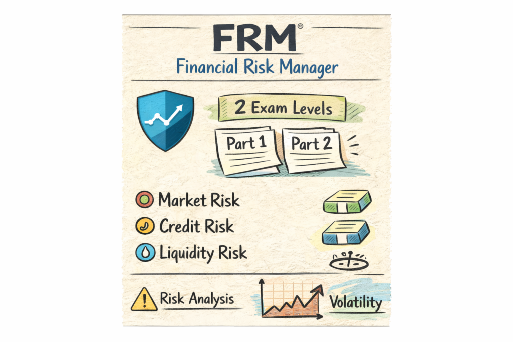 FRM certification overview showing risk management areas and exam structure