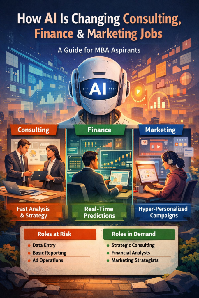 Illustration showing how AI is changing consulting, finance, and marketing jobs for MBA aspirants