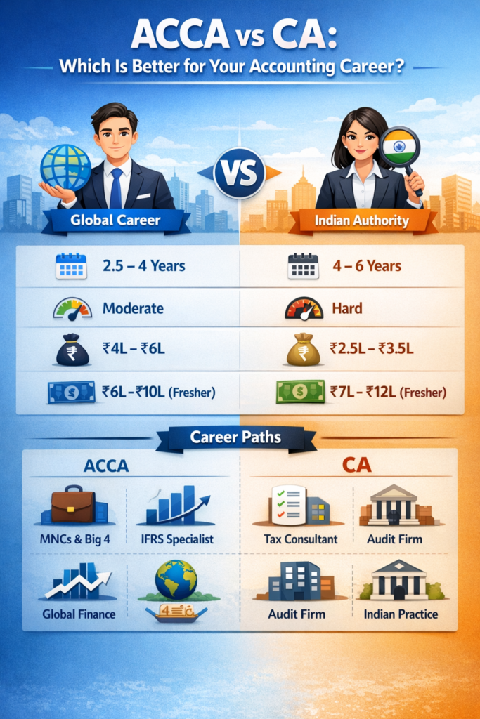 ACCA vs CA comparison infographic showing duration fees salary and career paths for accounting career