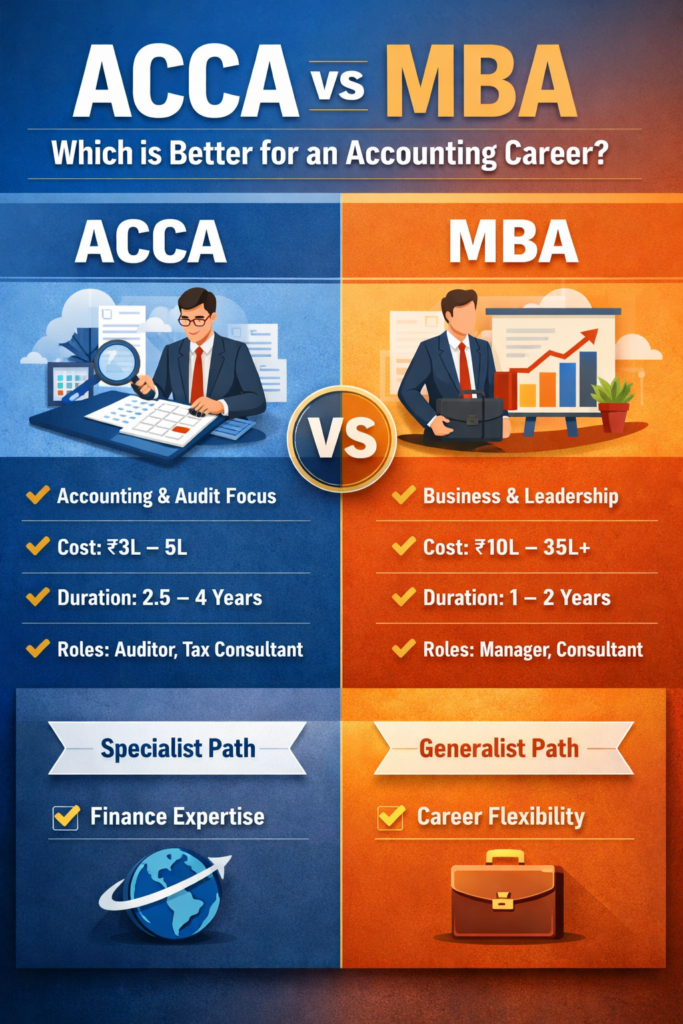 ACCA vs MBA comparison infographic for accounting career including fees duration and roles
