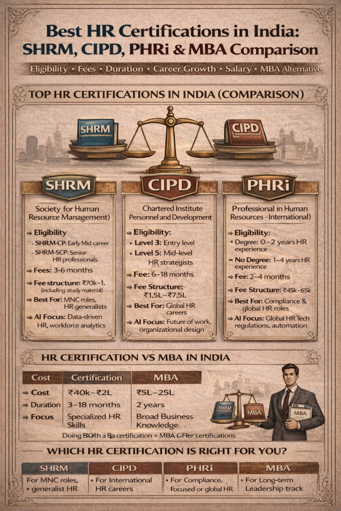 Best HR certifications in India comparison including SHRM, CIPD, PHRi and MBA with fees, eligibility, duration and career growth