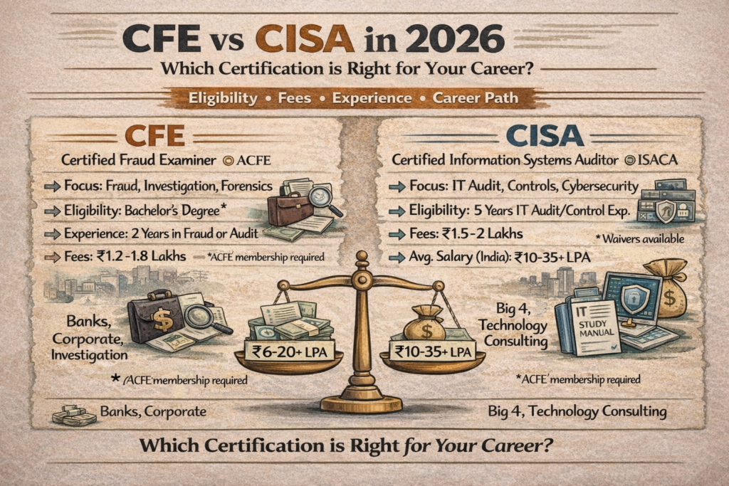 CFE vs CISA career comparison infographic showing eligibility, fees, salary, and career paths