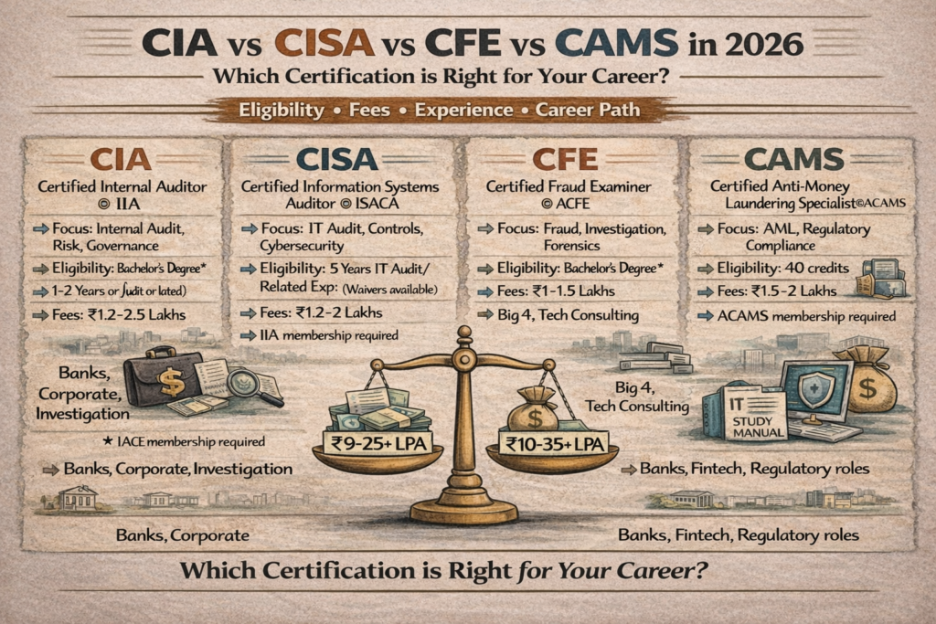 CIA vs CISA vs CFE vs CAMS comparison infographic 2026 showing eligibility fees duration and career paths
