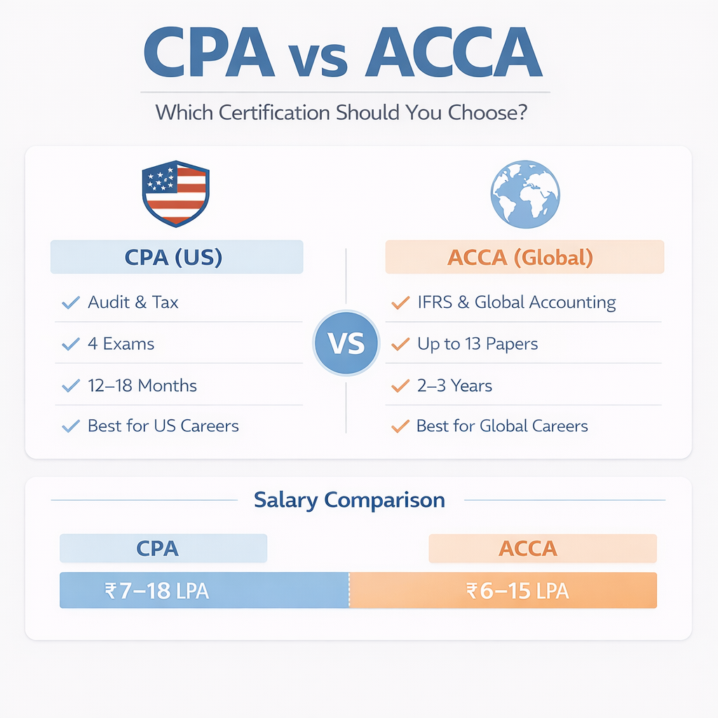 CPA vs ACCA comparison infographic showing salary, exam structure, eligibility, and global career differences