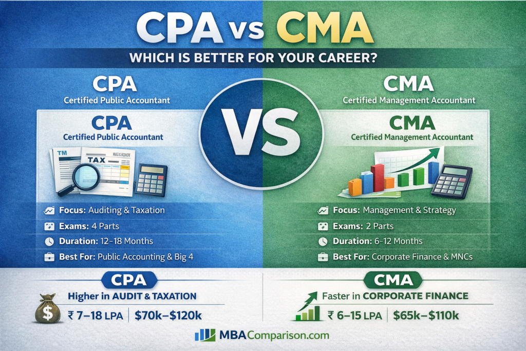 CPA vs CMA comparison infographic showing salary, exam structure, and career differences