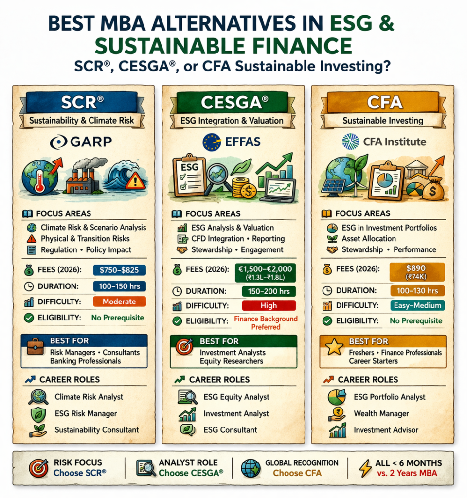 ESG certifications vs MBA comparison SCR CESGA CFA sustainable investing infographic