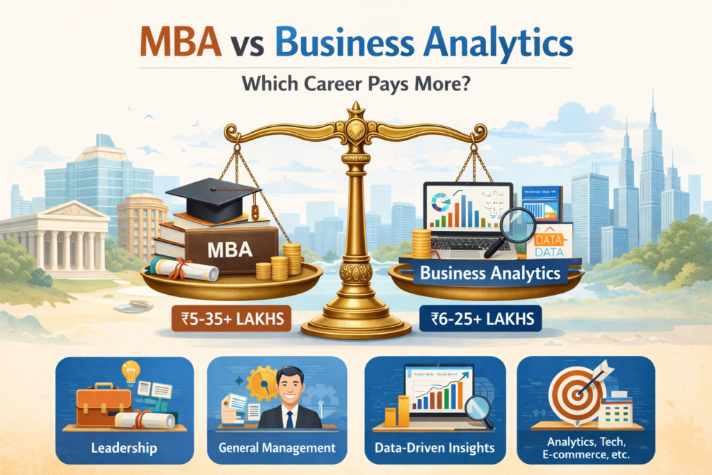 MBA vs Business Analytics comparison image showing salary, career path, leadership and analytics roles