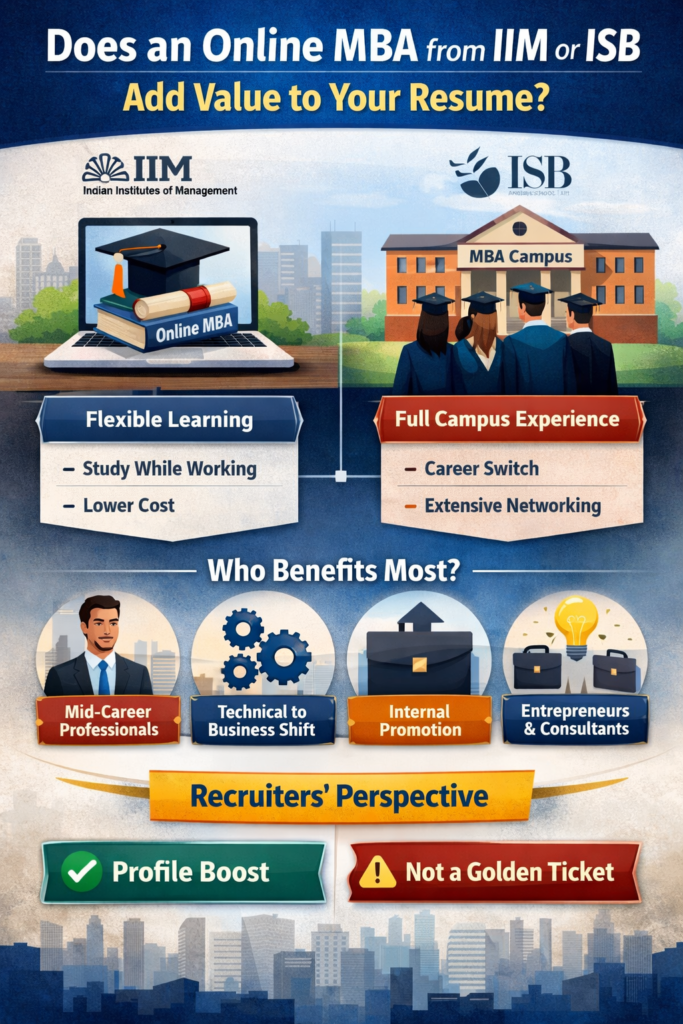 Online MBA from IIM or ISB resume value infographic comparing online vs full-time MBA