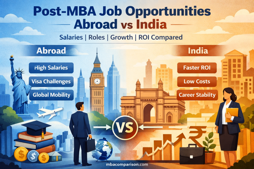 Post-MBA job opportunities abroad vs India comparison showing salary, career growth, ROI, and visa differences