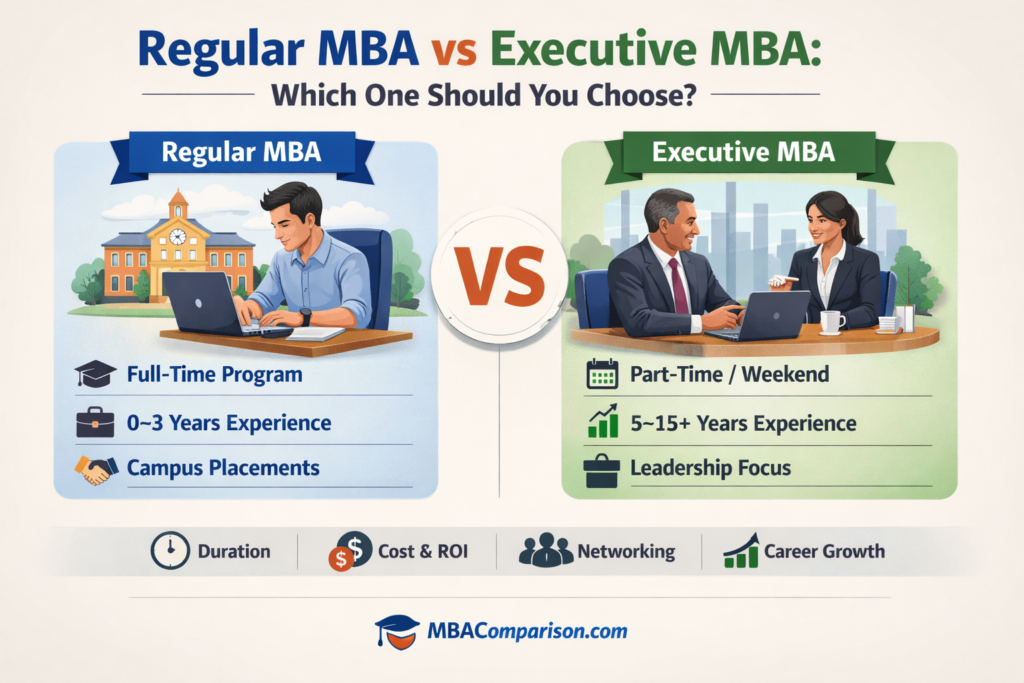 Regular MBA vs Executive MBA comparison infographic