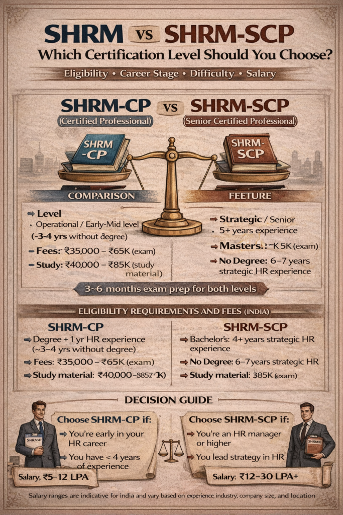 SHRM-CP vs SHRM-SCP comparison infographic showing eligibility, fees, experience requirements and career differences