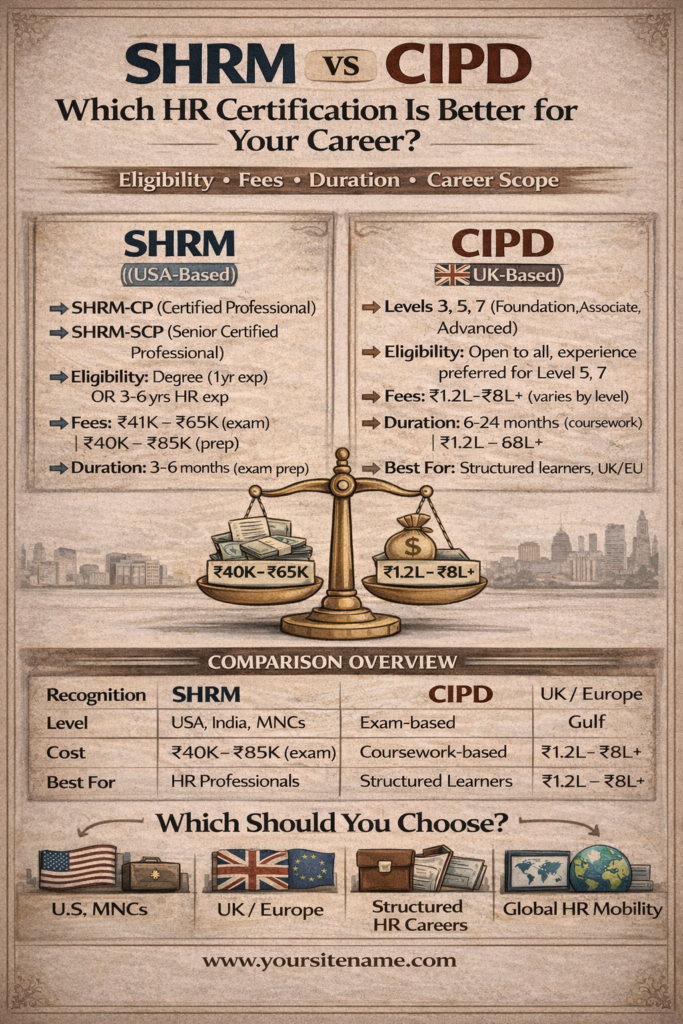 SHRM vs CIPD comparison infographic showing eligibility, fees, duration, and career scope for HR certifications