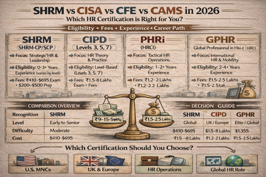 SHRM vs CIPD vs PHRi vs GPHR comparison infographic showing HR certifications 2026 with eligibility fees and career paths