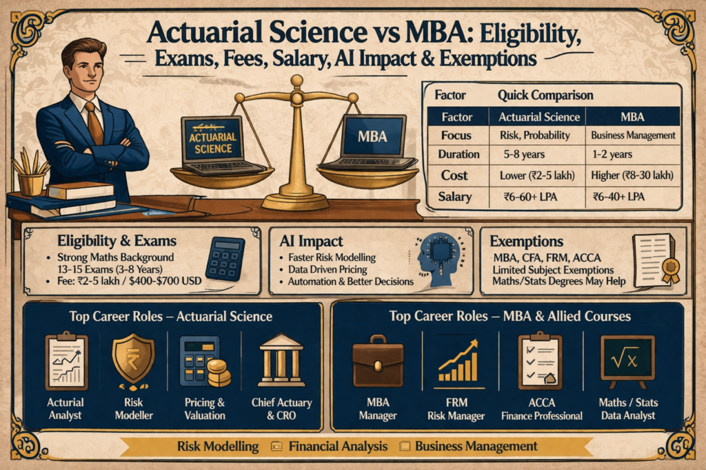 Actuarial Science vs MBA comparison infographic showing eligibility, exams, fees, salary, AI impact and exemptions like CFA FRM ACCA