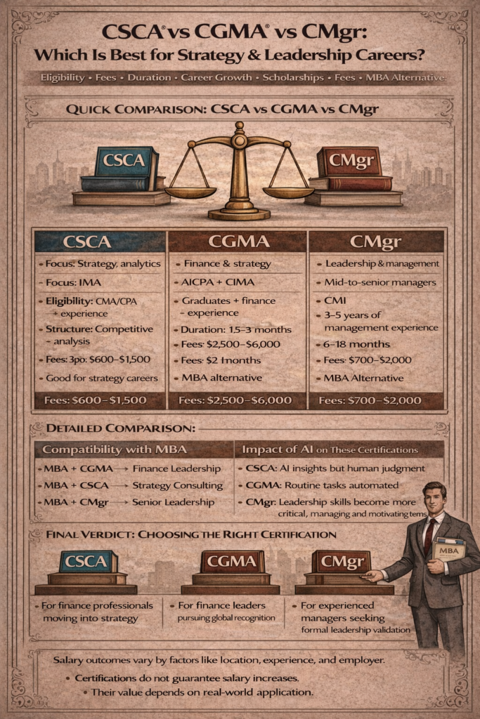 CSCA vs CGMA vs CMgr comparison infographic showing eligibility, fees, duration, MBA compatibility and AI impact for strategy and leadership careers