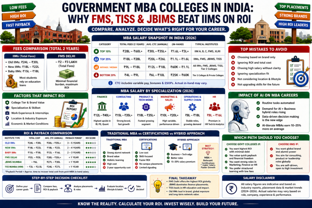 Government MBA Colleges in India ROI comparison 2026 showing FMS Delhi, JBIMS Mumbai and TISS vs IIM fees, salaries and payback period