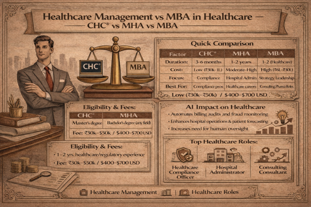 Healthcare management vs MBA comparison showing CHC certification, MHA degree and career differences