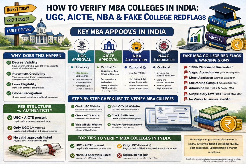 how to verify MBA colleges in India using UGC AICTE NBA approvals and fake college red flags