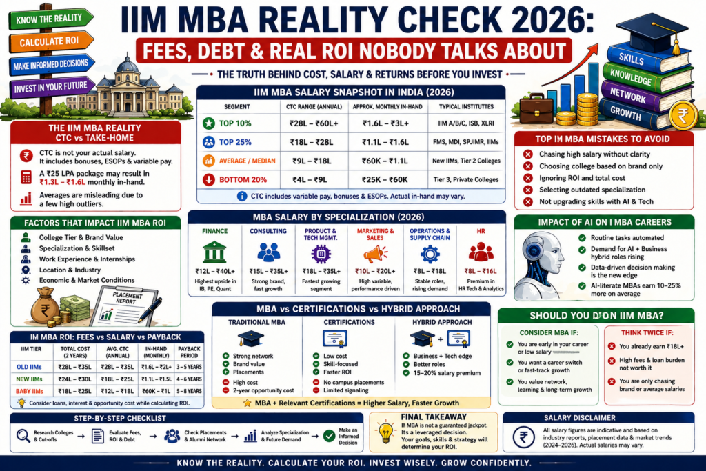IIM MBA Reality 2026 infographic showing ROI, fees, salaries, and old vs baby IIM comparison in India