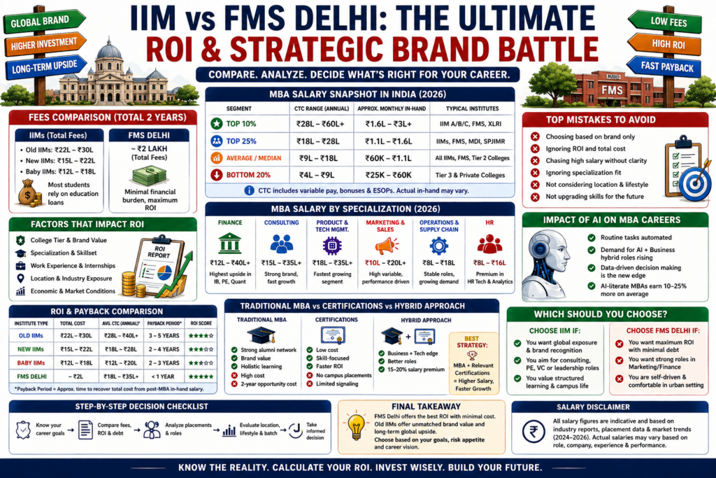 IIM vs FMS Delhi ROI comparison infographic showing fees, placements, salary ranges and MBA decision factors in India