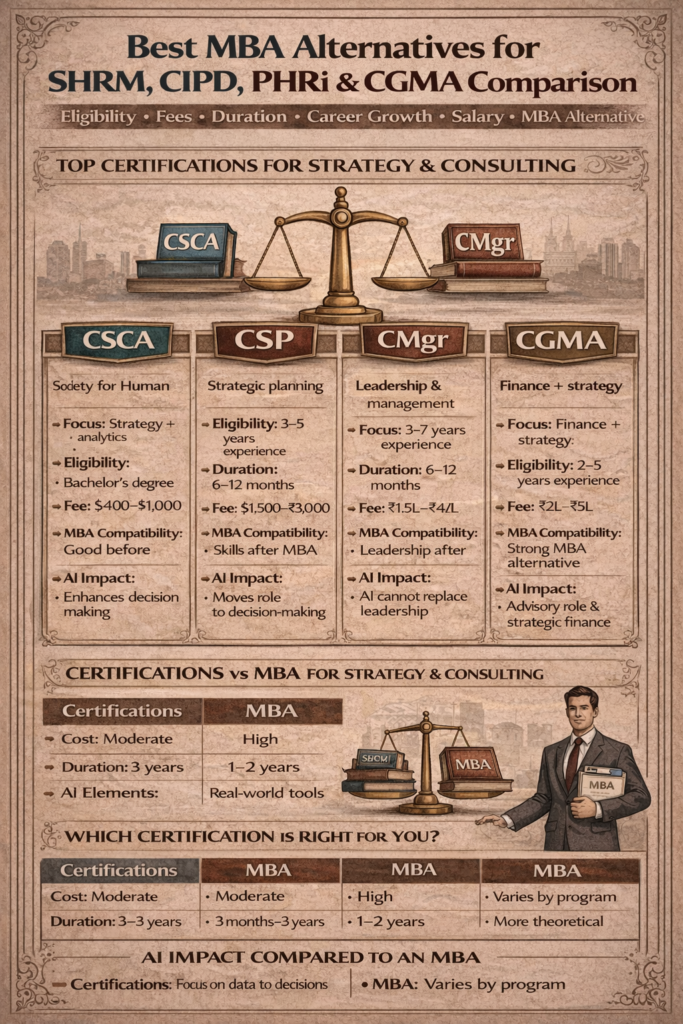 MBA alternatives for strategy and consulting comparison chart showing CSCA, CSP, CMgr and CGMA certifications vs MBA