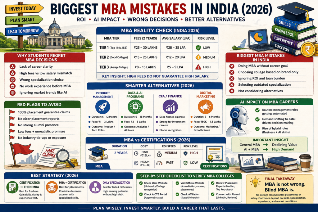 MBA mistakes in India 2026 infographic showing ROI comparison, AI impact, and MBA vs certifications
