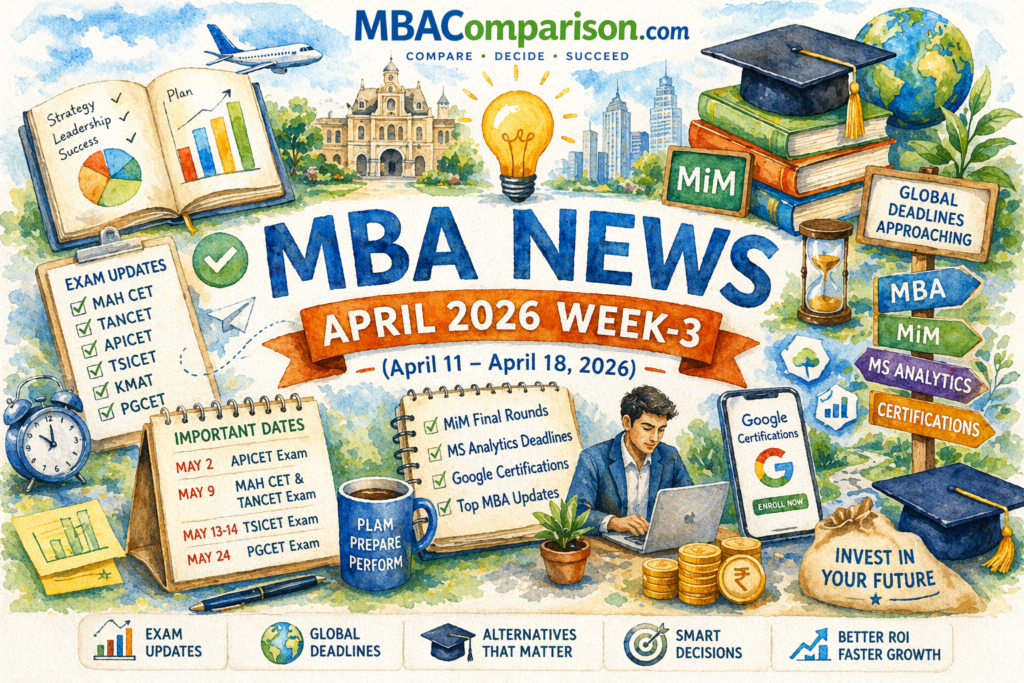 MBA News April 2026 Week 3 featuring MAH CET May 9, APICET May 2, TSICET dates, MiM final rounds and MS Analytics deadlines