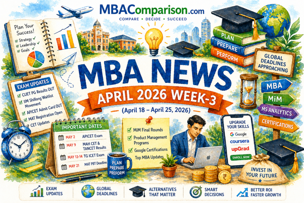 MBA News April 2026 Week 3 featuring CUET PG results, IIM Shillong waitlist movement, APICET admit card and MAT registration updates