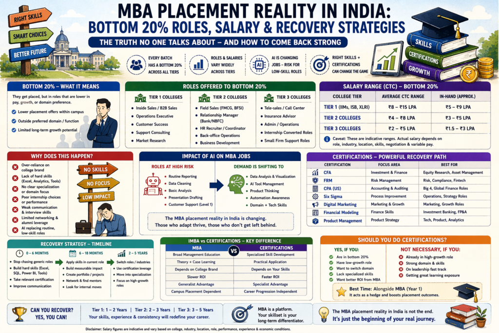 MBA placement reality in India showing bottom 20 percent roles salary comparison and AI impact across tier 1 tier 2 tier 3 colleges