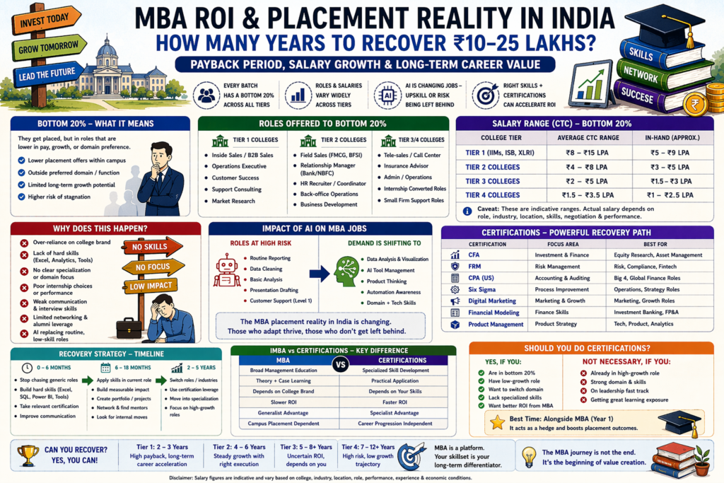 MBA ROI in India showing payback period, salary ranges, and placement reality across Tier 1, Tier 2, Tier 3, and Tier 4 colleges