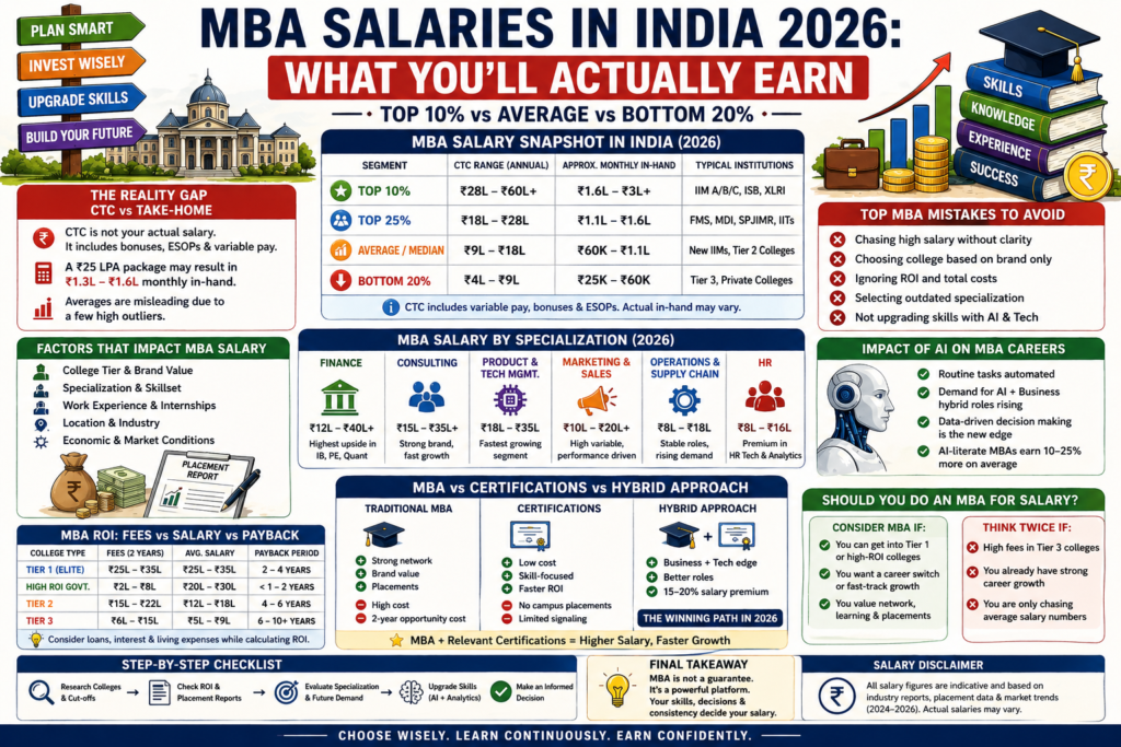MBA salaries in India 2026 infographic with salary ranges by tier, specialization, ROI and AI impact
