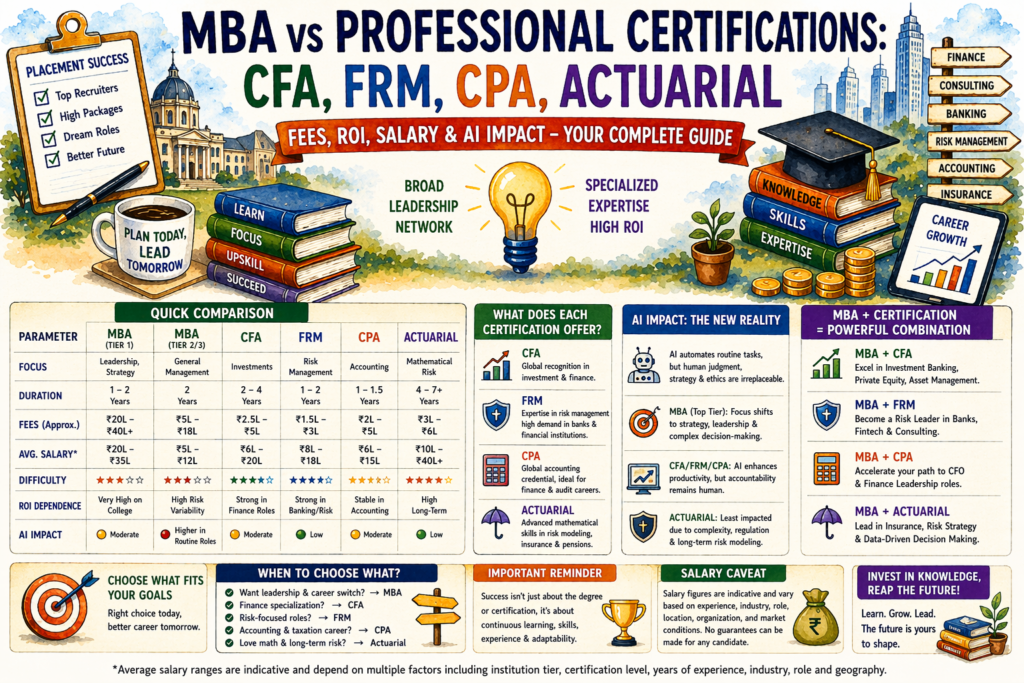 MBA vs vs Professional Certifications: CFA FRM CPA Actuarial comparison infographic showing fees, ROI, salary and AI impact