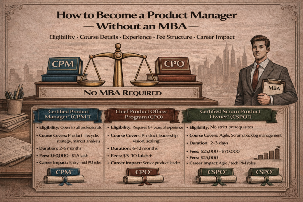 Product manager without MBA roadmap showing CPM, CSPO and CPO certification comparison