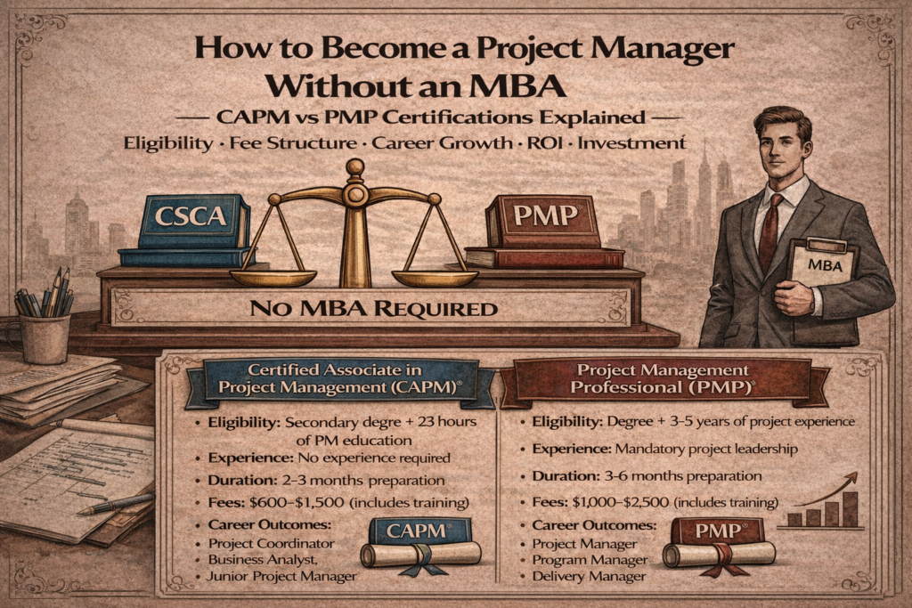 How to become a project manager without an MBA infographic comparing CAPM vs PMP certification eligibility, fees, duration and career path