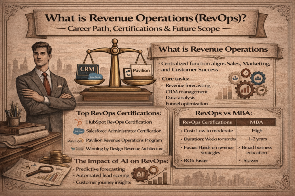 Infographic explaining Revenue Operations RevOps career path certifications fees AI impact and MBA comparison