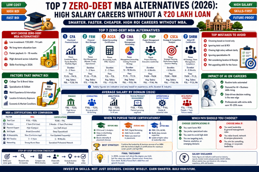 Top 7 zero-debt MBA alternatives in India 2026 including CFA FRM PMP ACCA salary ROI comparison infographic