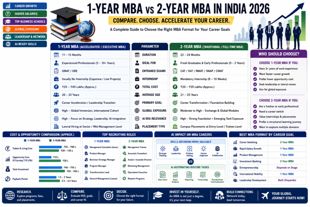 1-Year MBA vs 2-Year MBA in India infographic comparing ROI, fees, placements, and career growth
