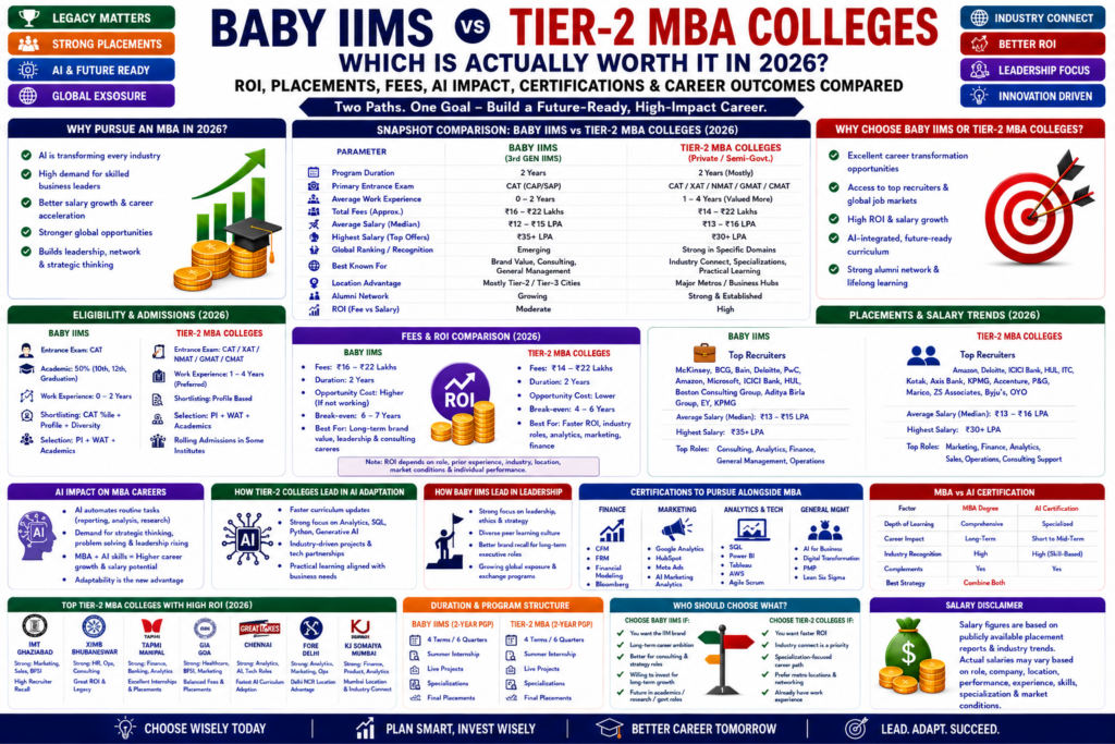 Baby IIMs vs Tier-2 MBA colleges comparison in 2026 based on ROI, placements, fees and AI impact