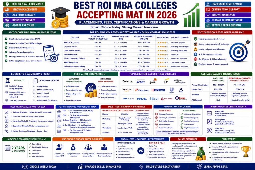 Best ROI MBA colleges accepting MAT in 2026 with placements fees certifications and AI career comparison