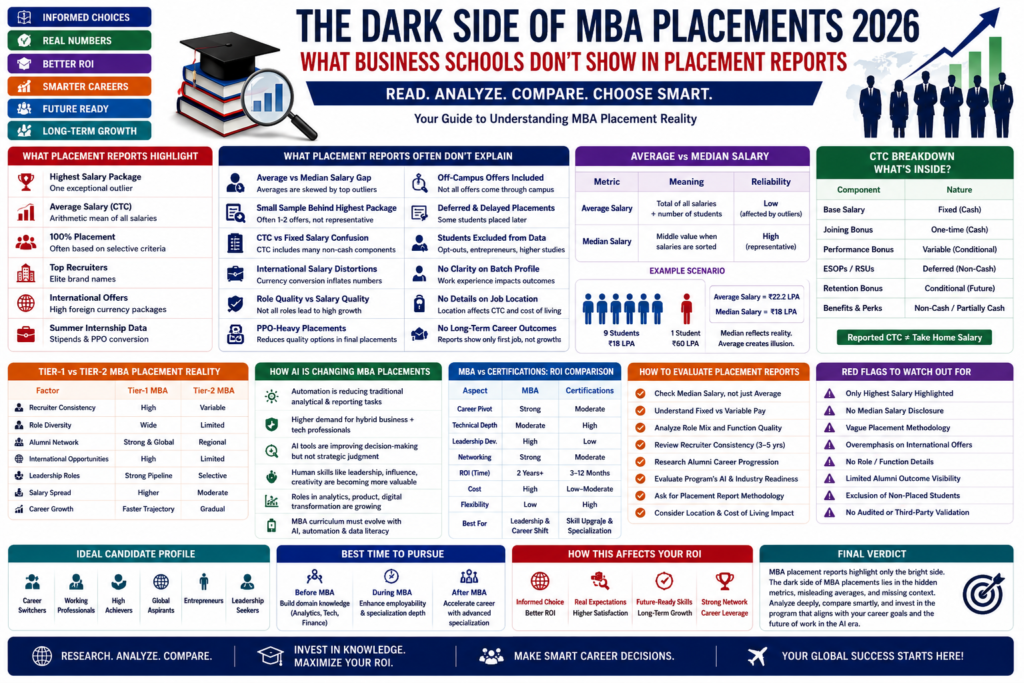 Infographic explaining the dark side of MBA placements including average vs median salary, CTC inflation, AI impact, MBA ROI, and placement report analysis