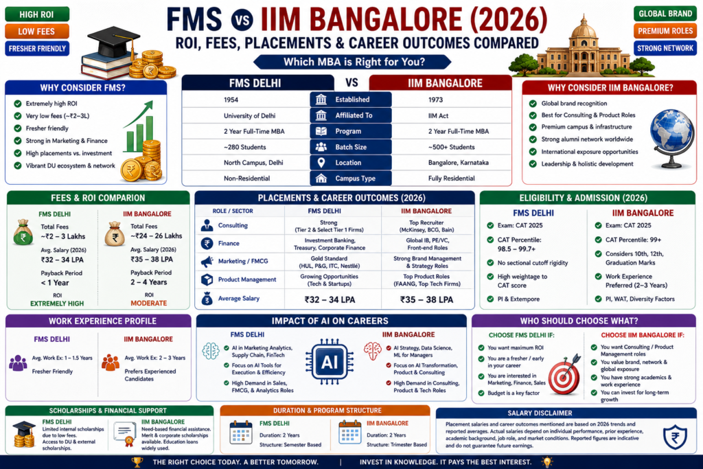 FMS vs IIM Bangalore 2026 comparison infographic showing ROI, fees, placements and career outcomes