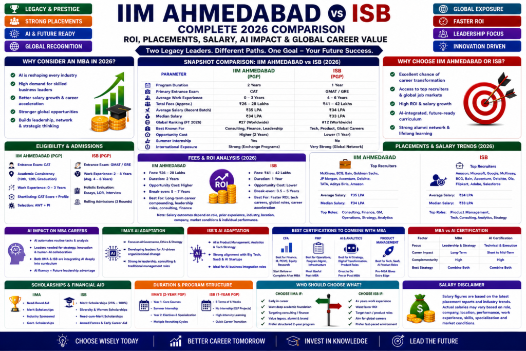IIM Ahmedabad vs ISB MBA comparison for ROI salary placements AI impact and global career value in 2026