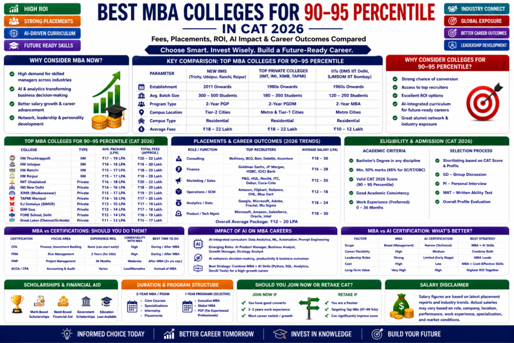 Best MBA colleges for 90–95 percentile in CAT 2026 with fees, ROI, placements and AI impact comparison