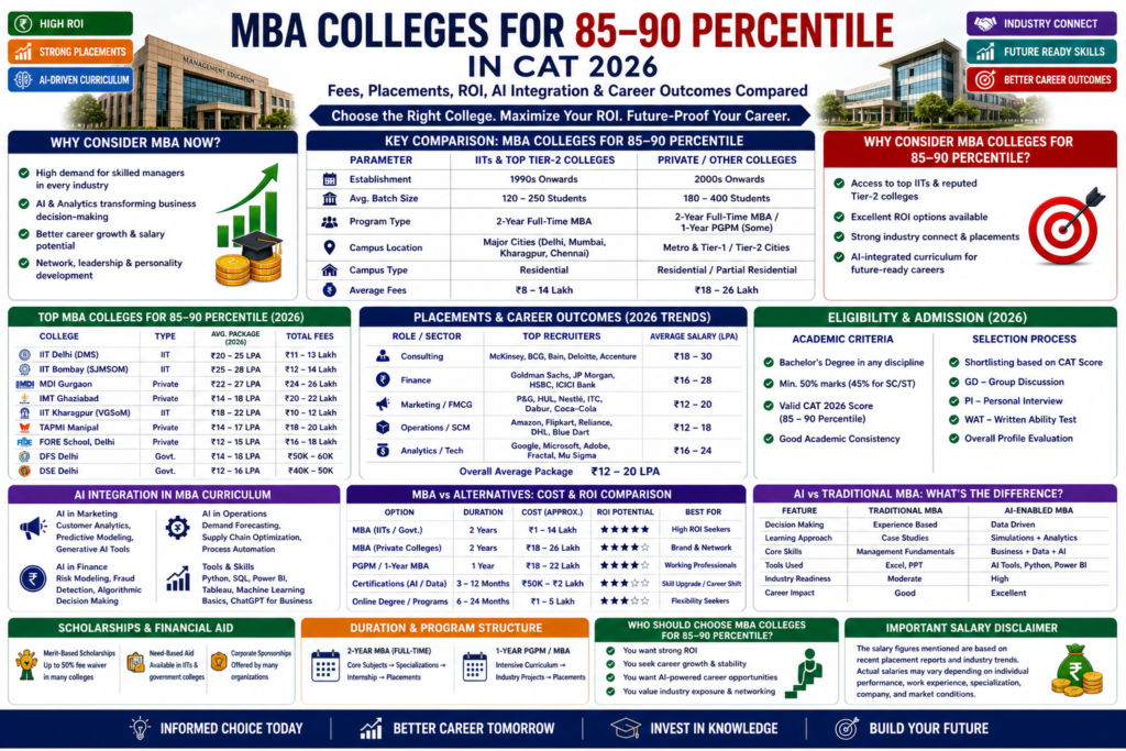 MBA colleges for 85–90 percentile in CAT 2026 infographic showing fees, ROI, placements and AI integration comparison