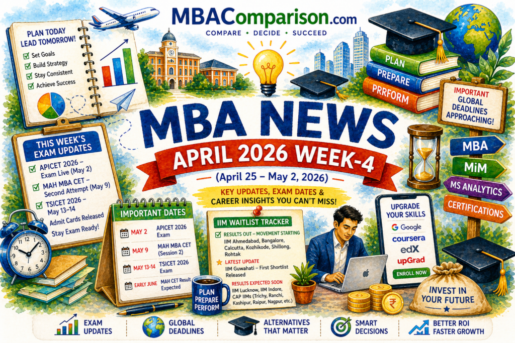 MBA News April 2026 Week 4 showing IIM waitlist movement, APICET exam May 2 and MAH CET May 9 updates