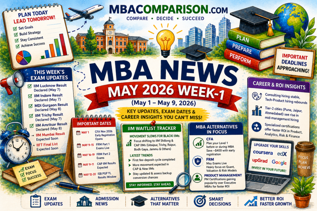 MBA News May 2026 Week-1 covering IIM results, CAP waitlist movement, CAT 2026 trends, CFA updates, FRM exams, and MBA alternatives