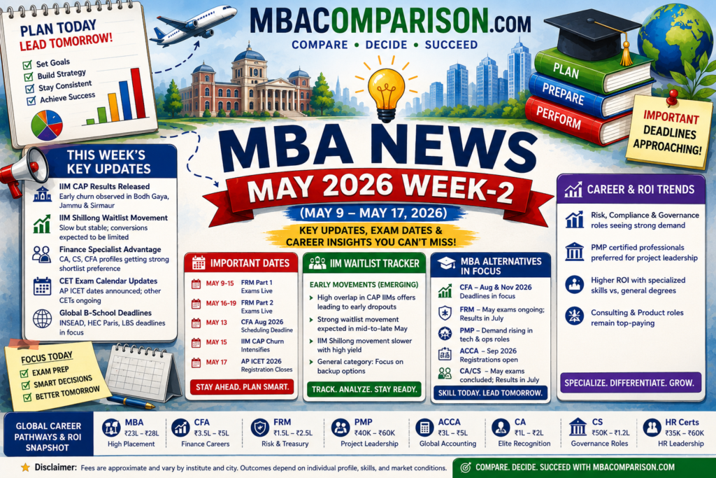 MBA News May 2026 Week-2 infographic featuring IIM CAP waitlist movement, CFA and FRM deadlines, MBA ROI trends, and career insights