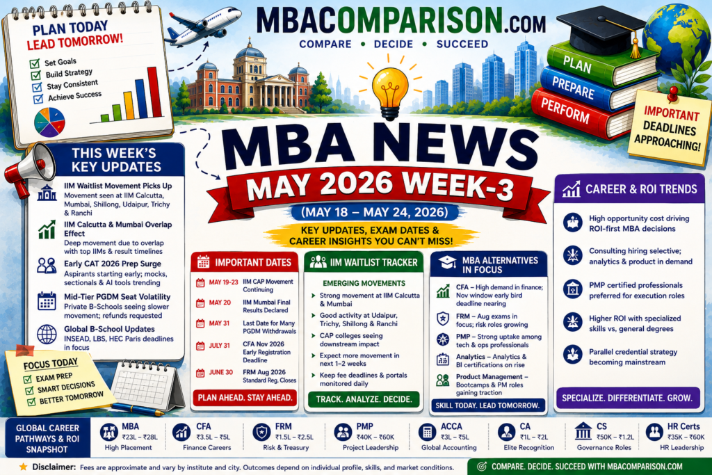 MBA News May 2026 Week-3 infographic covering IIM waitlist movement, CAT 2026 trends, CFA and FRM deadlines, MBA ROI and career updates