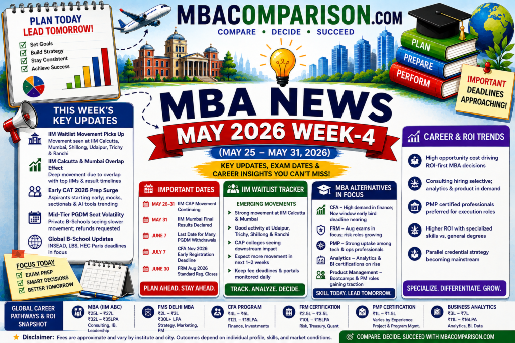 MBA News May 2026 Week-4 infographic covering IIM waitlist movement, CAT 2026 preparation trends, CFA and FRM registration deadlines, MBA alternatives and ROI insights.