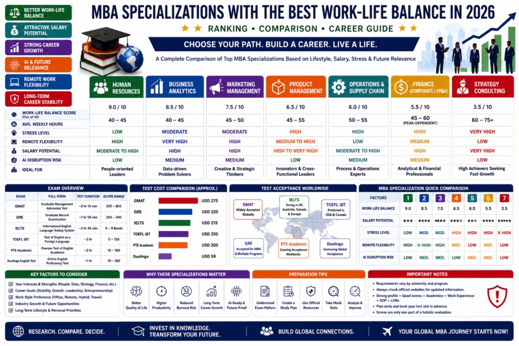 Infographic comparing MBA specializations by work-life balance, salary potential, stress level, AI relevance, and remote work flexibility in 2026